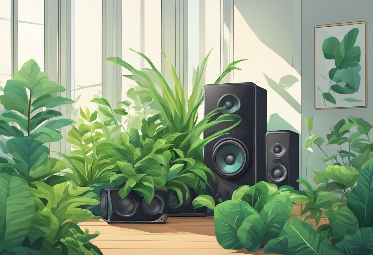 Plantas verdes vibrantes prosperando perto de um alto-falante emitindo música suave