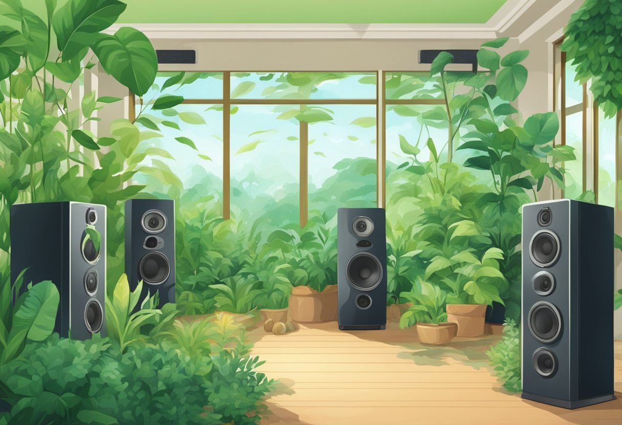 Um jardim verdejante com várias plantas balançando suavemente na brisa, cercado por alto-falantes emitindo música suave.
