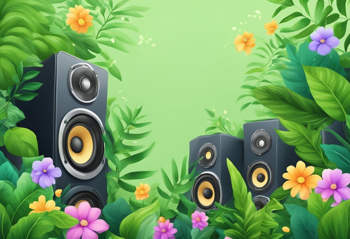 Plantas verdes vibrantes cercadas por alto-falantes emitindo música suave, com folhas saudáveis e flores em flor