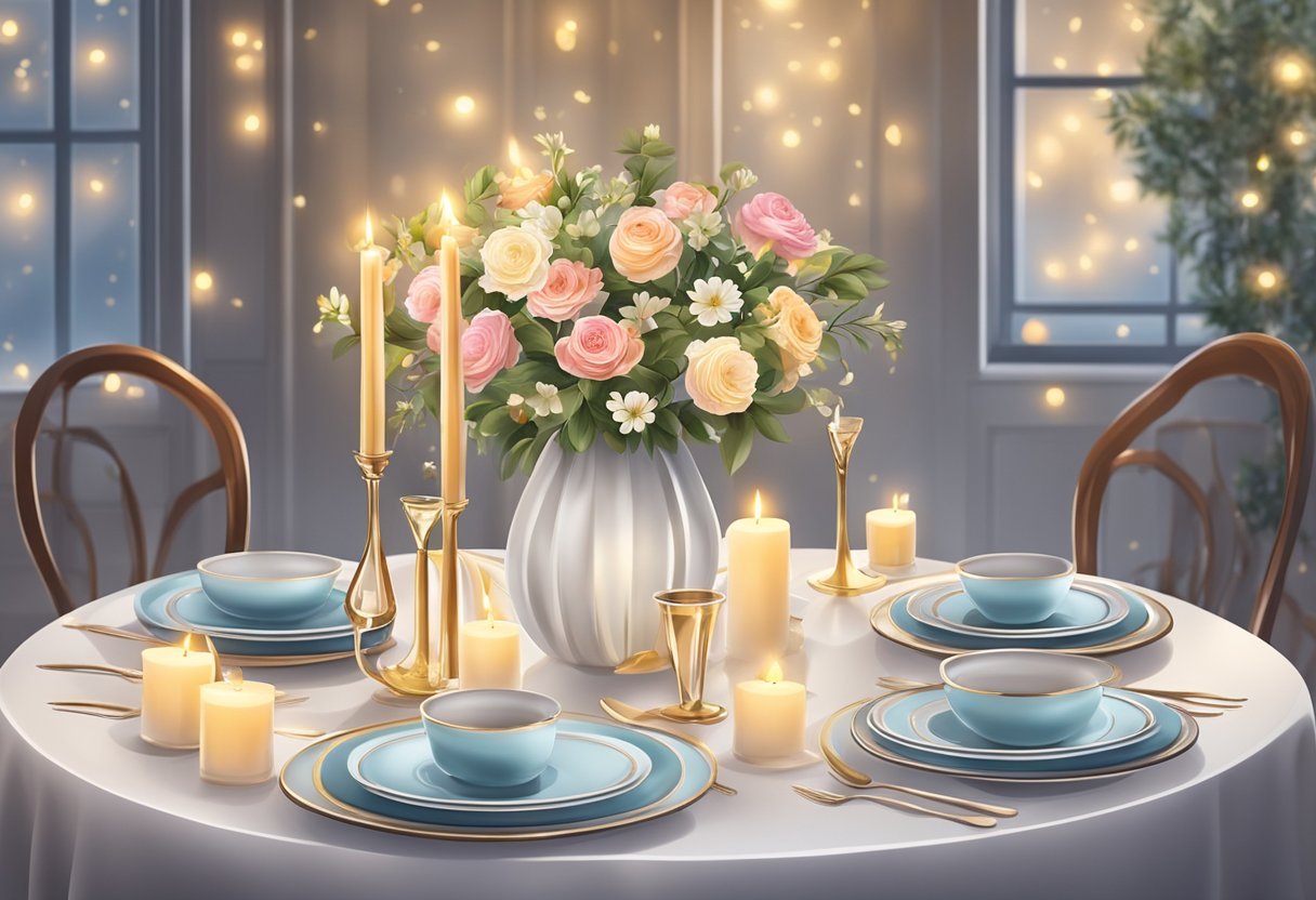 Uma mesa posta com louça elegante e um buquê de flores frescas, cercada por luzes de fada cintilantes e velas.