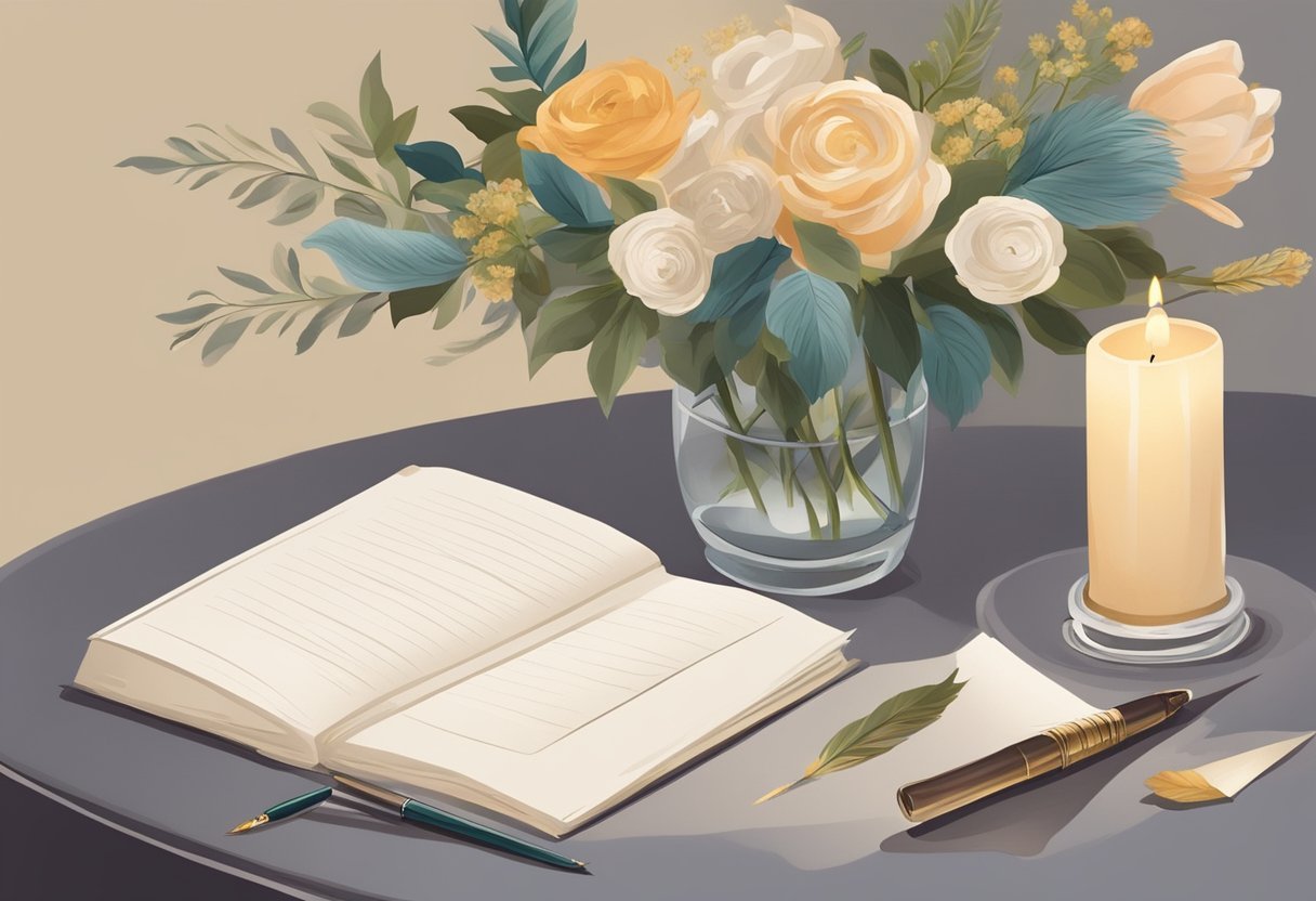 Uma mesa posta com papelaria elegante, uma pena, e um buquê de flores, com um brilho suave de uma vela próxima.
