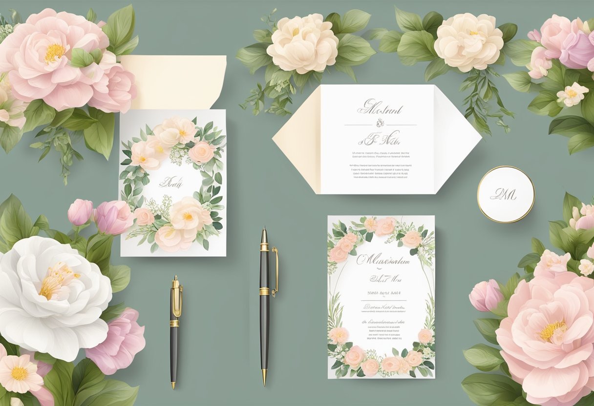 Uma mesa decorada com um convite de casamento, flores e uma caneta