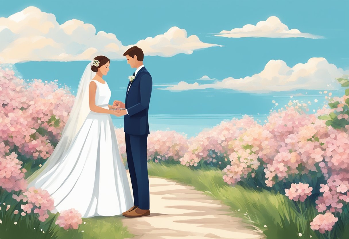 Um noivo e uma noiva trocando alianças de casamento sob um céu azul claro, cercados por flores em flor e uma paisagem serena.