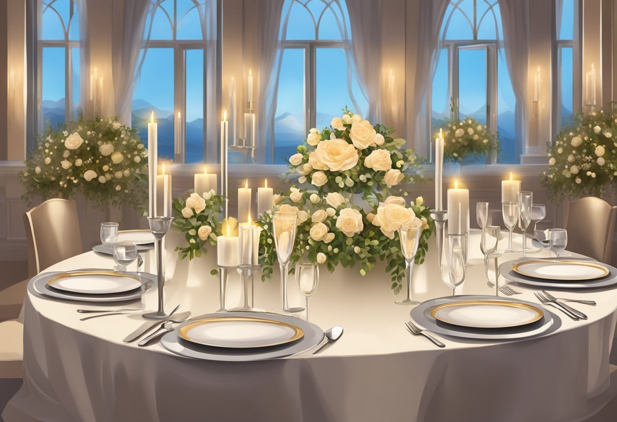 Uma mesa de recepção de casamento lindamente decorada, com configurações de lugares elegantes, arranjos florais e uma suave luz de velas criando uma atmosfera romântica.