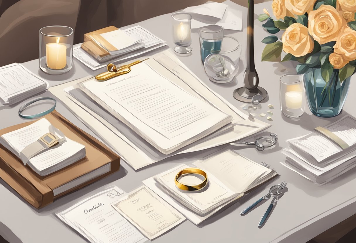 Uma mesa decorada com documentos de casamento, alianças e outros itens necessários, cercada por uma lista de verificação e uma atmosfera calma e organizada.