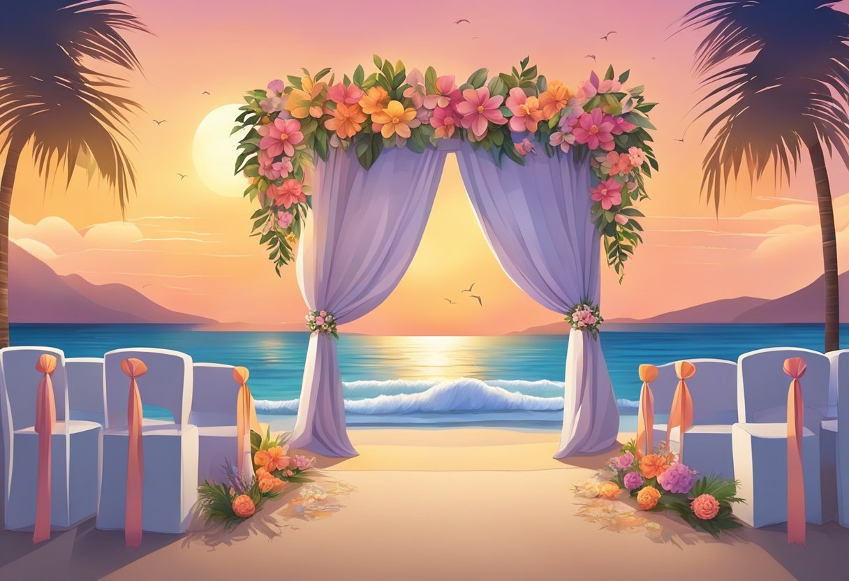 Um cenário de praia serena com ondas quebrando, um pôr do sol colorido e um pequeno altar de casamento adornado com flores e tecido fluido.