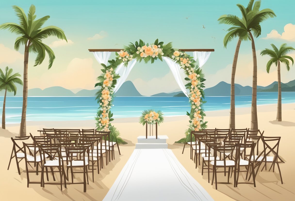 Uma cerimônia de casamento na praia com equipamento de som montado na areia, cercada por palmeiras e o oceano ao fundo