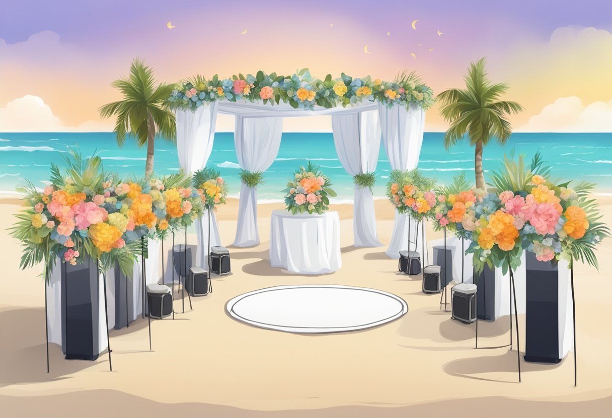 Uma cerimônia de casamento na praia com um sistema de som montado para o conforto e a logística dos convidados.